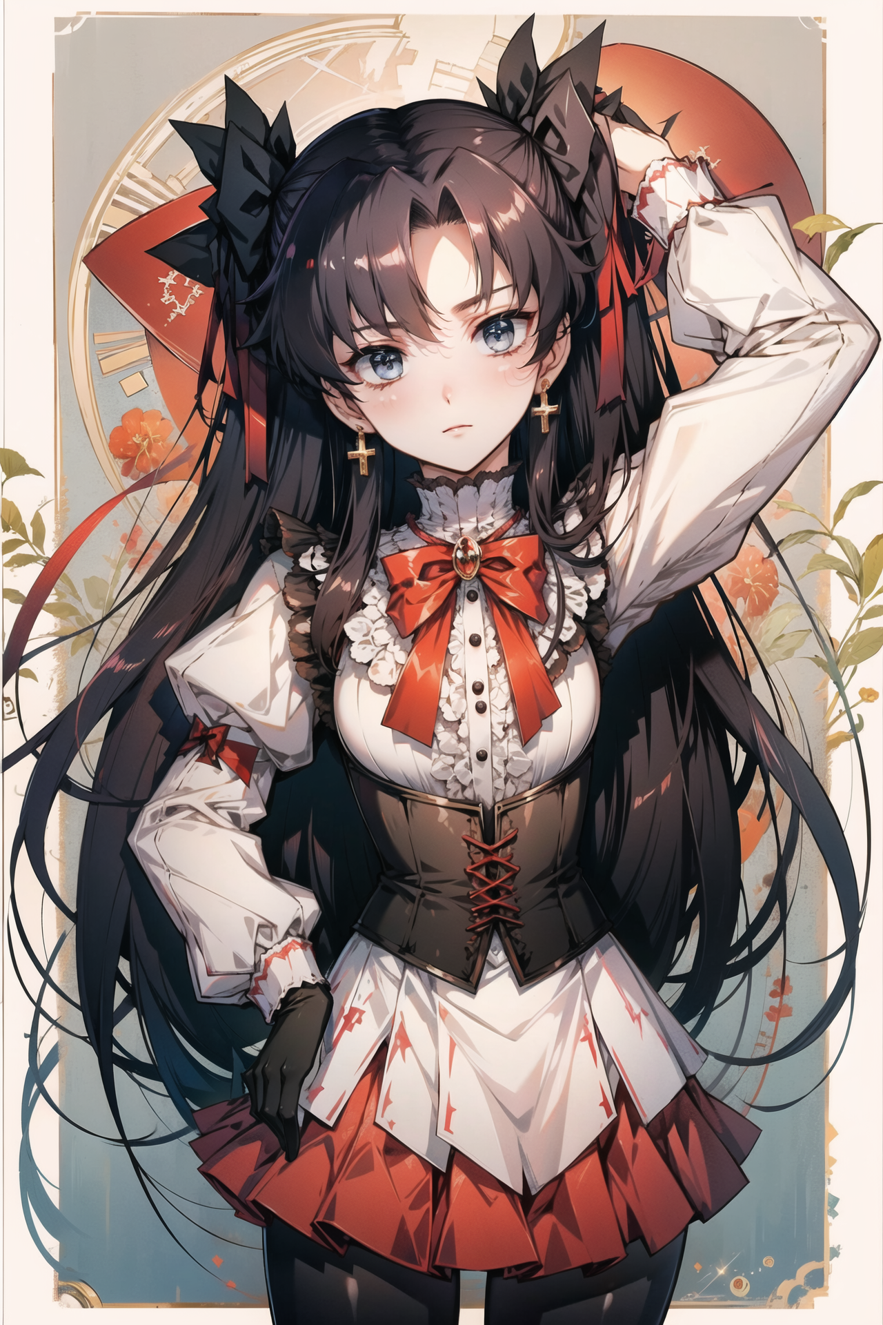 19883-635118389-1girl, solo, tohsaka rin, red shirt, cross, long hair, skirt, shirt, white background, gloves, black skirt, necklace, jewelry, s.png
